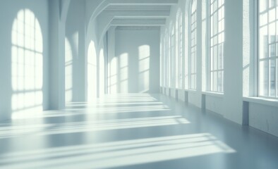Empty, bright, modern space with large windows, bathed in sunlight.  Shadows are prominent on the light-toned floor