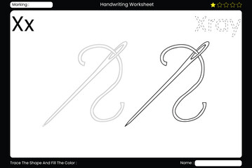 race Letter X. Sharp Sewing Needle Coloring Page for Kids. Printable Vocabulary Builder. Educational Vector Worksheet