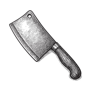 kitchen meat cleaver woodcut engraving vector illustration