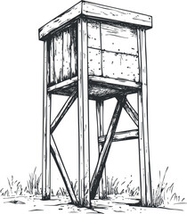 Naklejka premium Black and white sketch of a tall wooden watchtower standing on four legs in a natural outdoor setting.