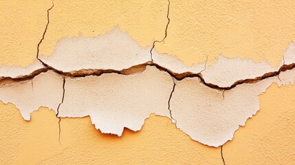 Close up of cracked and peeling yellow painted wall showing age and deterioration artistic texture background for construction and renovation concept with natural light