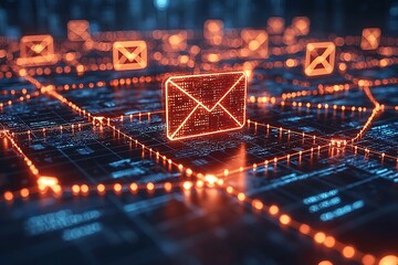 Digital email network with glowing lines and messages