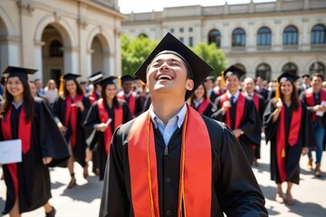 Joyful Asian Male Graduate Throwing Cap in the Air Celebrating Graduation Success (Candid Shot)