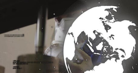 Masked lab technician examining test tube in science lab, showing animated code overlays and globe - Powered by Adobe