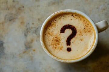 A cappuccino with a question mark design symbolizing uncertainty and contemplation sits on a mottled surface with warm