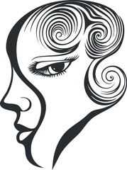 Abstract black and white stylized profile of a woman's face with curly swirl hair design