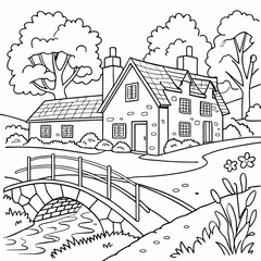 Obraz premium beautiful village scenery side lake and village road black and white coloring page 