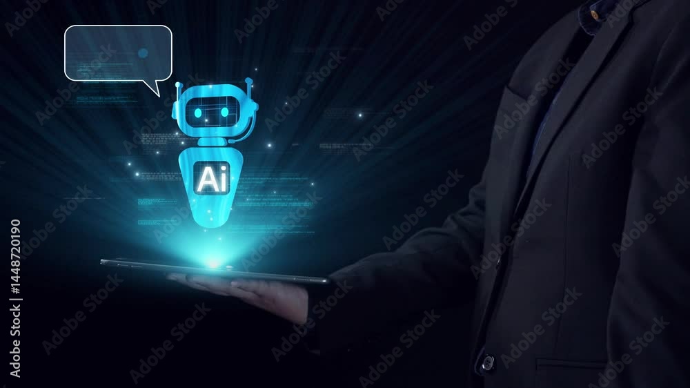 Poster human interact with ai artificial intelligence virtual assistant chatbot in concept of ai artificial