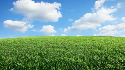 Obraz premium Serene green meadow under a bright blue sky with fluffy white clouds evoking tranquility and peace in nature scenic landscape sunny day idyllic background.