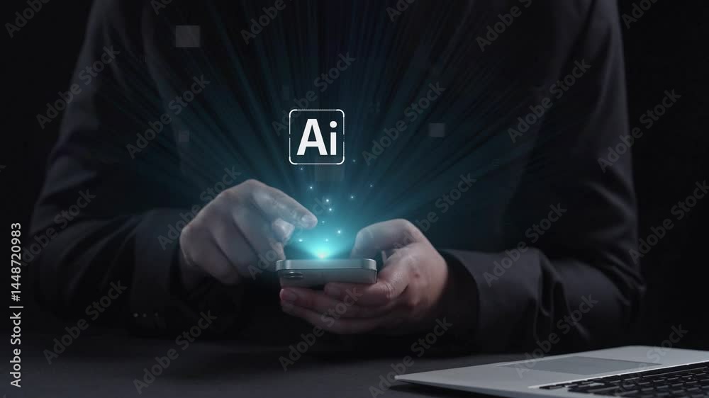 Poster human interact with ai artificial intelligence brain processor in concept of ai artificial intellige