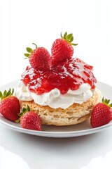 Delicious strawberry shortcake dessert with whipped cream and red jam topping on a white plate a sweet treat perfect for afternoon tea and a delightful indulgence