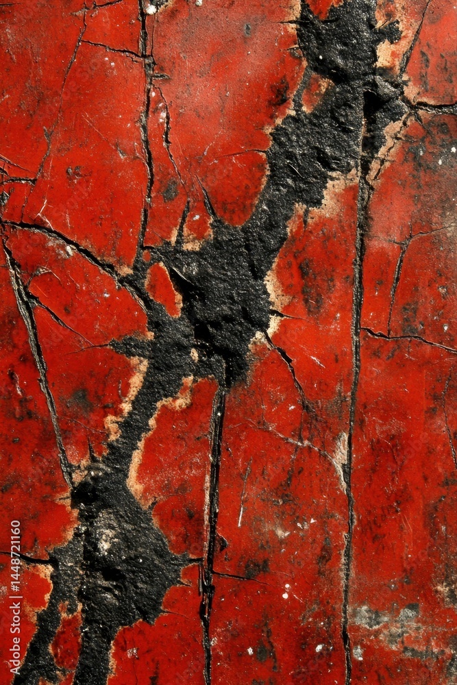 Poster abstract vibrant red paint with black cracks detail background showcasing texture and pattern for cr