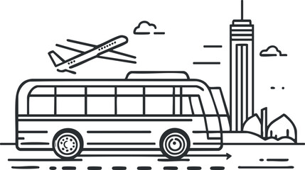 Black and white line art showing a bus on the road with an airplane flying overhead near city buildings. © vadymstock