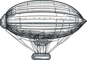 Vintage hand-drawn illustration of a zeppelin airship showing detailed structure and gondola © vadymstock