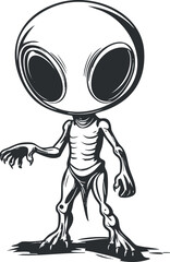 Illustration of a cartoon alien with a large head and big eyes standing on a shadowed surface