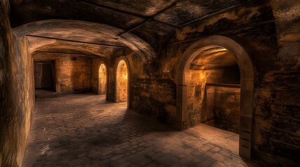 Fototapeta premium Mysterious Old Stone Corridor Archway Dungeon