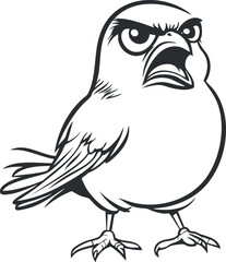 Black and white cartoon illustration of an angry bird with fierce expression and sharp claws