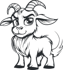 Black and white cartoon illustration of a cute young goat with big eyes and curved horns
