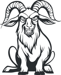 Black and white vector illustration of an aggressive goat with large curved horns and fierce expression