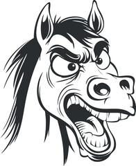 Black and white cartoon illustration of an angry horse head with expressive eyes and open mouth