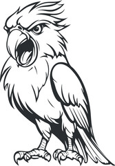 Black and white cartoon illustration of an aggressive parrot bird with open beak and sharp claws