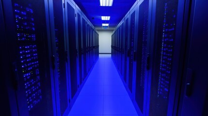 Fototapeta premium A 4K photo of data center server room corridor, technology infrastructure, blue lights, digital future.