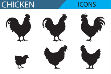 Farm-Themed Chicken Icon Set - Silhouette Graphics of Poultry Birds