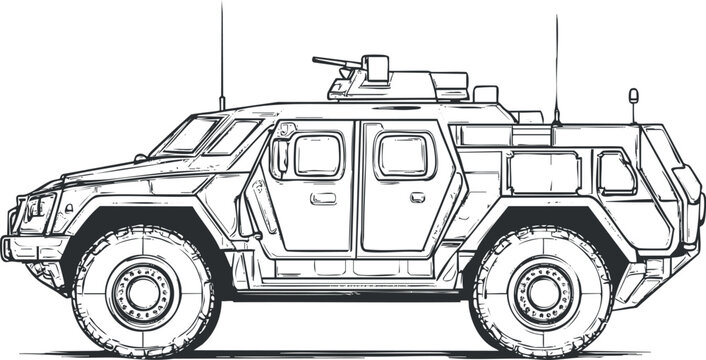 Side view illustration of an armored military vehicle equipped with weaponry and designed for combat transport