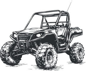 Black and white sketch of an offroad all terrain vehicle with large tires for rugged outdoor adventures © vadymstock