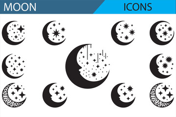 Collection of Hanging Crescent Moon and Star Icons for Graphic Use