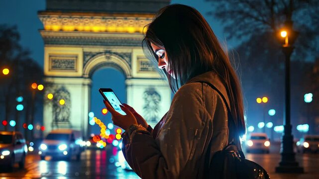 Girl typing on a smartphone near the illuminated Arc de Triomphe at night in Paris, Beautiful girl in a cap typing a message on the phone