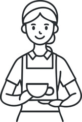 Line art illustration of a smiling woman barista holding a coffee cup wearing an apron