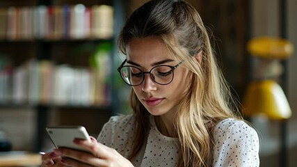 Businesswoman processes financial data using smartphone in modern workspace, financial data processing over caucasian businesswoman in office - Powered by Adobe