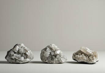 Naklejka premium Three large crystal clusters with white and grey geode formations on a light background useful for science, nature, mineralogy, geology, mining industry concepts
