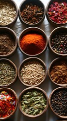 Variety of Spices in Wooden Bowls Top View