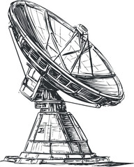 Black and white sketch of a satellite dish antenna used for communication and signal transmission