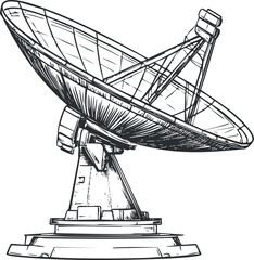 Black and white line art illustration of a satellite dish antenna used for communication and signal transmission