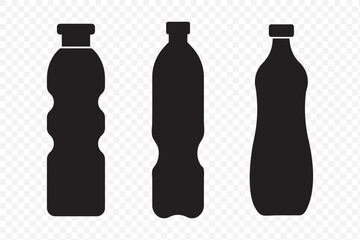 Set of black vector bottle icons isolated on white background. PET bottle plastic. EPS 10.