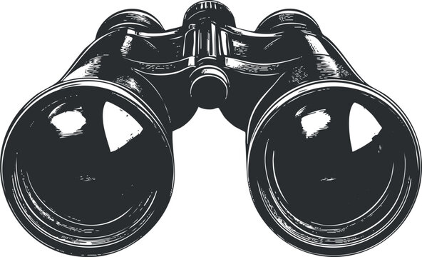 Vintage style black and white illustration of binoculars used for observation and magnification
