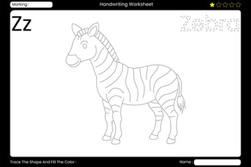 Trace Letter Z. Striking Zebra Coloring Page for Kids. Printable Vocabulary Builder. Educational Vector Worksheet.