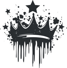 Grunge style black crown with paint drips and stars on white background abstract design