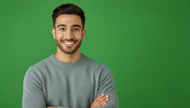 A young man with dark hair and a neatly trimmed beard smiles confidently at the camera while wearing a gray sweater against a vibrant green background.