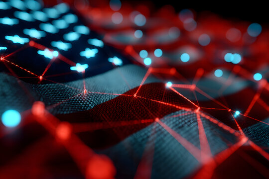 Abstract digital representation of the American flag with glowing red and blue network connections, symbolizing cybersecurity, technology, and national data infrastructure.
