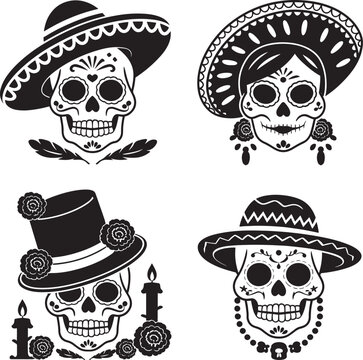 Sugar skull hat silhouette set vector illustration isolated On Transparent Background