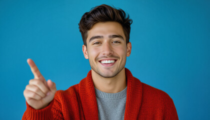 A young man with dark hair and a neatly groomed beard smiles confidently at the camera while pointing upwards against a teal background.