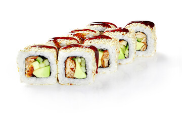 Delicious sushi rolls with eel, avocado, cucumber, sesame seeds and teriyaki sauce on white background