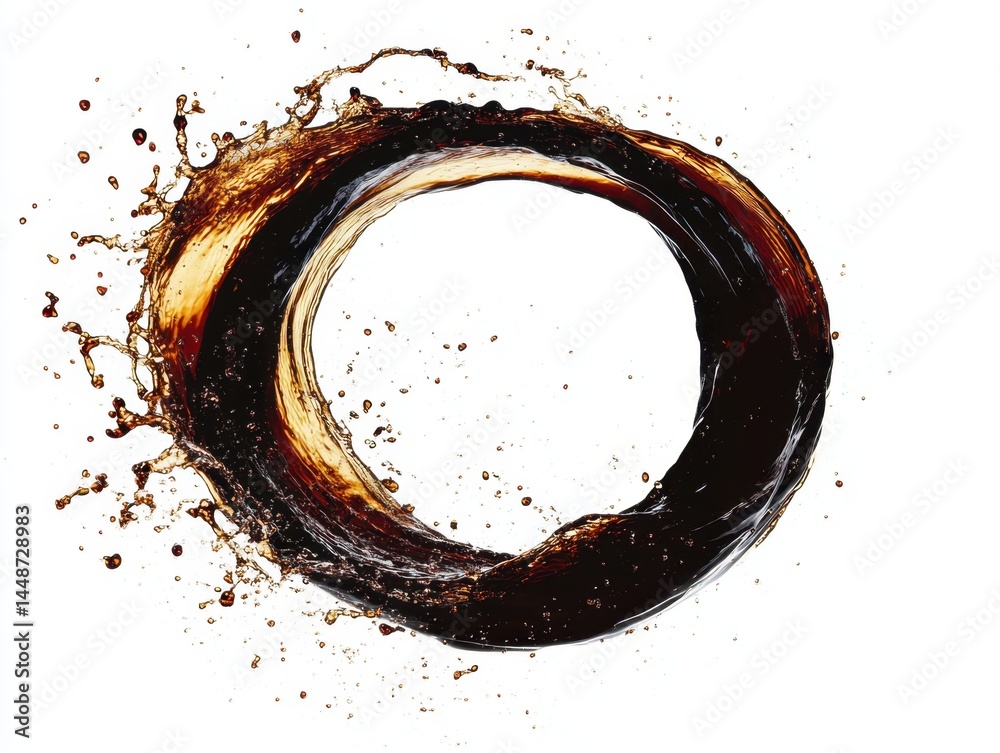 Poster dynamic cola splash in circular motion against a clean white backdrop creating a captivating visual 