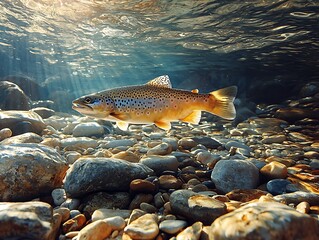Naklejka premium A fish swims through clear water over a bed of smooth stones