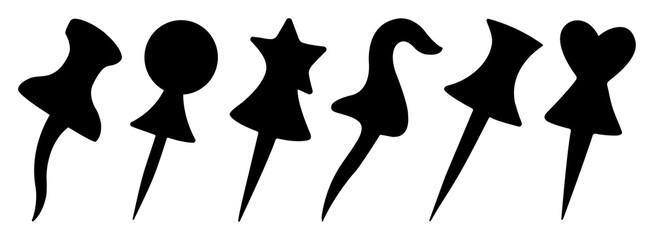 Creative black silhouette push pins set unique funky shapes including heart, star, round, and abstract designs for digital scrapbooking, ui elements, office decor, and stationery themes.