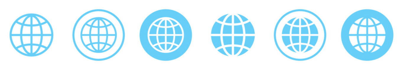 Set of globe vector icons. Globe world icons. Blue and white earth symbol collection with circular Internet and global network designs. Planet earth world map in different variations. 